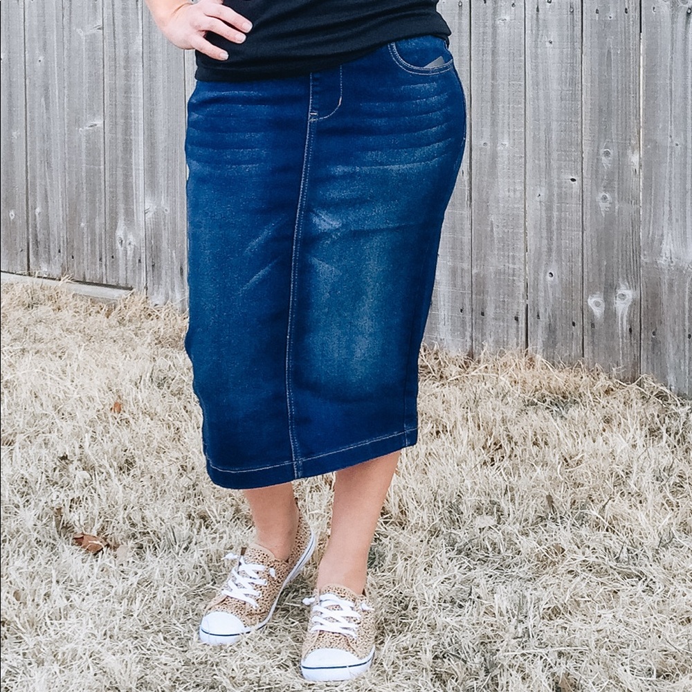 Mid length denim pencil skirt